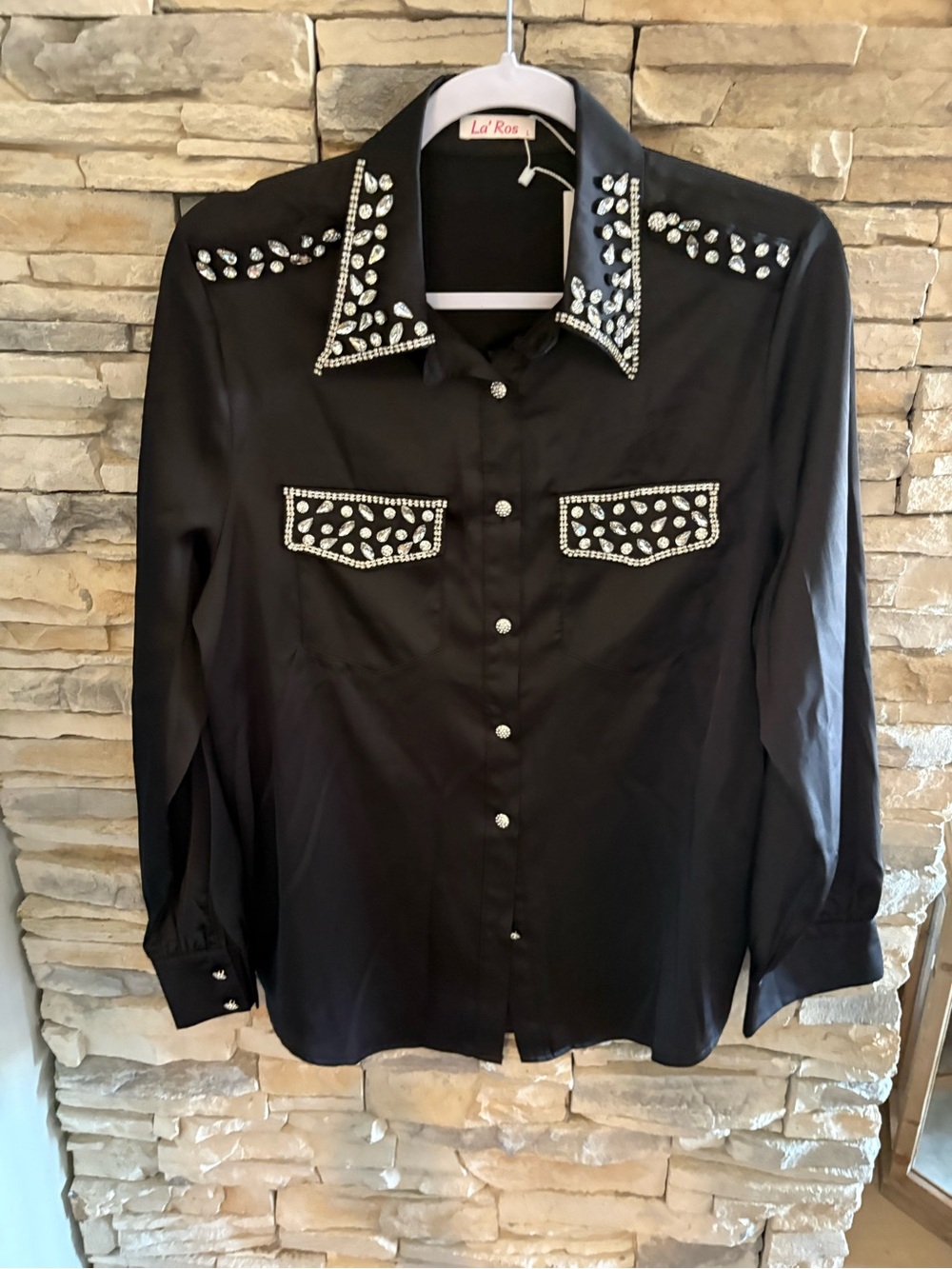 NWT, Black Silky Embellished Rhinestone Accent Blouse, Lg